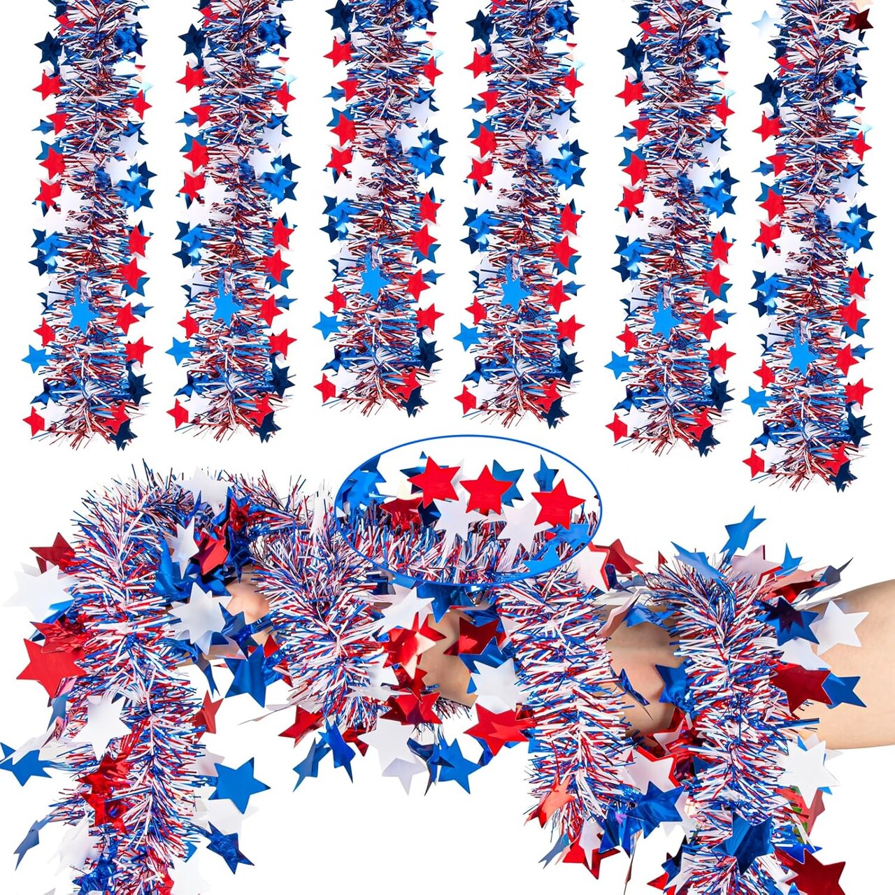 59.06 ft (9-Piece) 4th of July Tinsel Garland Decorations, Red White & Blue Patriotic Fringe Decor for Independence Day, Memorial Day, and Party Supplies